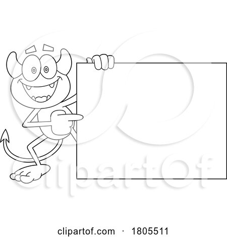 Cartoon Black and White Devil Pointing to a Sign by Hit Toon