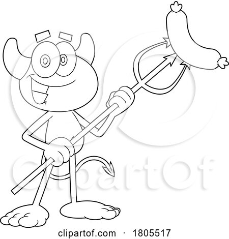 Cartoon Black and White Devil with a Sausage on a Pitchfork by Hit Toon