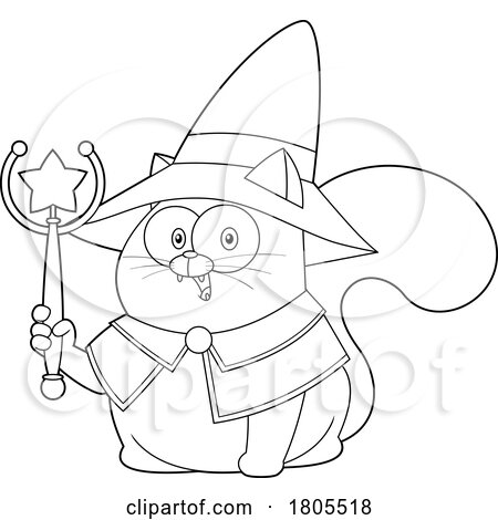 Cartoon Black and White Halloween Witch Cat Holding a Magic Wand by Hit Toon