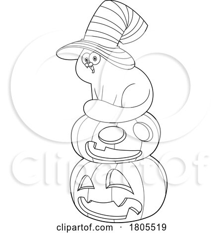 Cartoon Black and White Halloween Witch Cat Sitting on Jackolanterns by Hit Toon