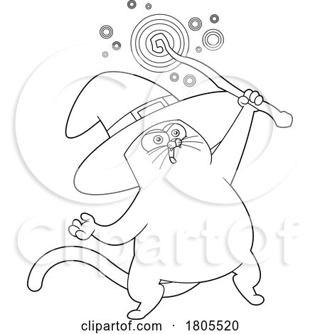 Cartoon Black and White Halloween Witch Cat Using a Magic Wand by Hit Toon