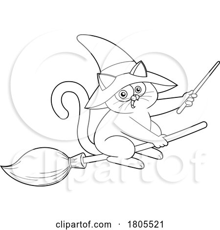 Cartoon Black and White Halloween Witch Cat Flying on a Broomstick by Hit Toon