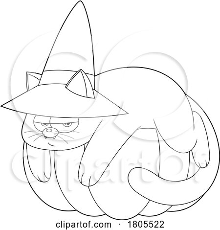 Cartoon Black and White Halloween Witch Cat Draped over a Pumpkin by Hit Toon