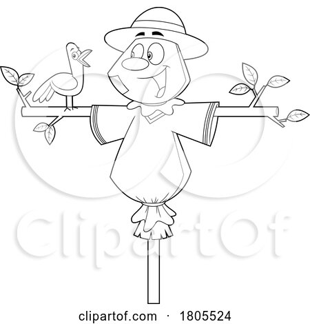 Cartoon Black and White Halloween Scarecrow Talking to a Bird by Hit Toon