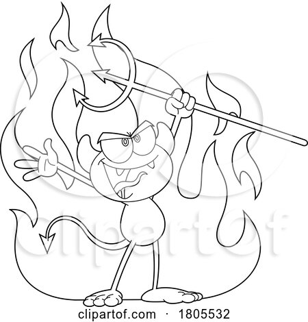 Cartoon Black and White Devil with a Pitchfork over Flames by Hit Toon