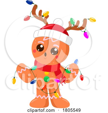 Cartoon Christmas Gingerbread Man Wearing an Antler Hat and Christmas Lights by Hit Toon