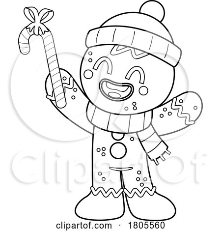 Cartoon Black and White Christmas Gingerbread Man Cookie Holding a Candycane by Hit Toon