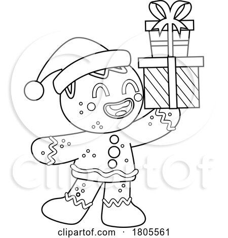 Cartoon Black and White Christmas Gingerbread Man Cookie Holding Gifts by Hit Toon