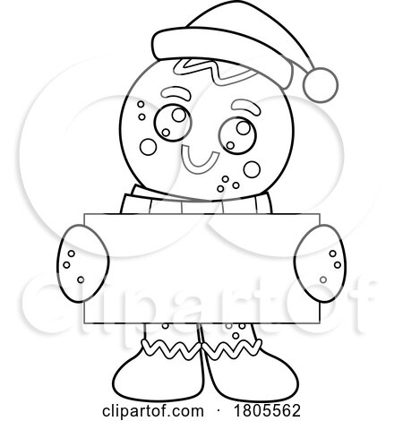 Cartoon Black and White Christmas Gingerbread Man Cookie Holding a Sign by Hit Toon