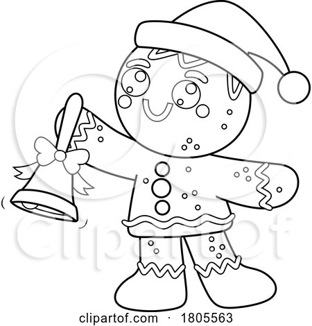 Cartoon Black and White Christmas Gingerbread Man Cookie Ringing a Bell by Hit Toon