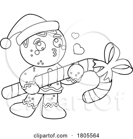 Cartoon Black and White Christmas Gingerbread Man Cookie Carrying a Giant Candycane by Hit Toon