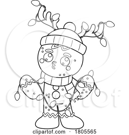 Cartoon Black and White Christmas Gingerbread Man Wearing an Antler Hat and Christmas Lights by Hit Toon