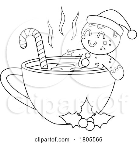 Cartoon Black and White Christmas Gingerbread Man Soaking in a Beverage by Hit Toon