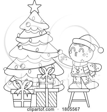 Cartoon Black and White Christmas Gingerbread Man Cookie Decorating a Tree by Hit Toon