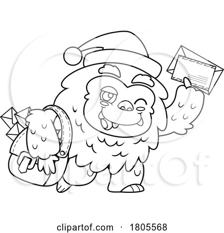 Cartoon Black and White Christmas Yeti Abominable Snowman with Mail by Hit Toon