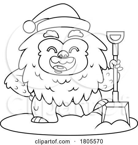 Cartoon Black and White Christmas Yeti Abominable Snowman Shoveling Snow by Hit Toon