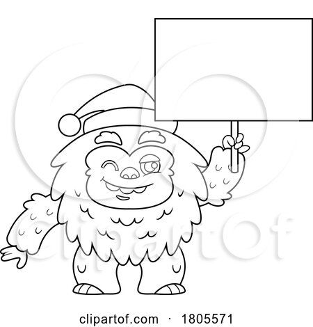 Cartoon Black and White Christmas Yeti Abominable Snowman wIth a Sign by Hit Toon