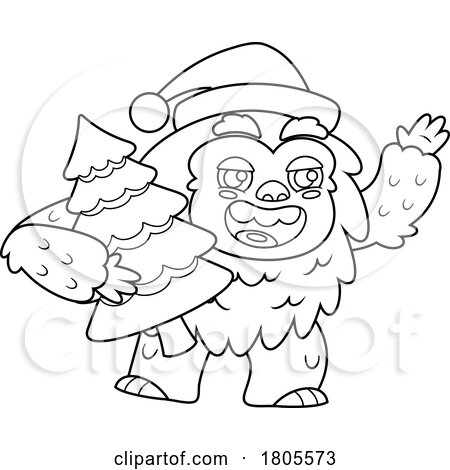 Cartoon Black and White Christmas Yeti Abominable Snowman Carrying a Tree by Hit Toon