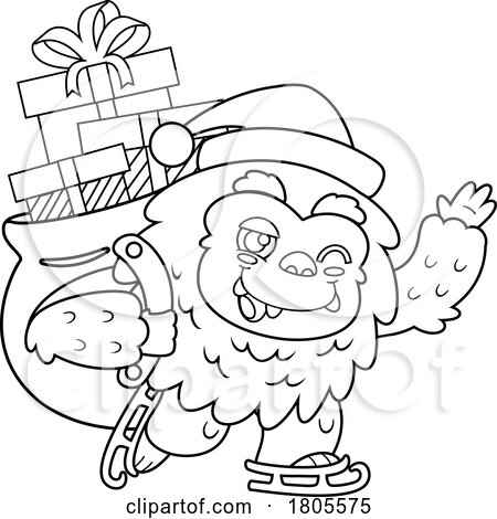 Cartoon Black and White Yeti Abominable Snowman Santa Ice Skating with Gifts by Hit Toon