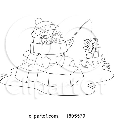Cartoon Black and White Christmas Penguin Fishing for Gifts by Hit Toon
