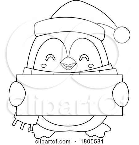 Cartoon Black and White Christmas Penguin Holding a Sign by Hit Toon