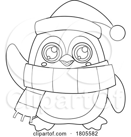 Cartoon Black and White Christmas Penguin Waving by Hit Toon