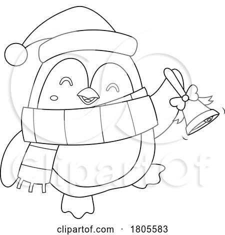 Cartoon Black and White Christmas Penguin Ringing a Bell by Hit Toon