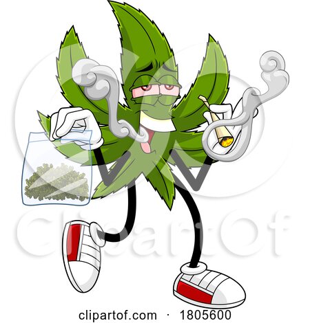 Cartoon Pot Leaf Mascot Carrying a Bag and Smoking a Doobie by Hit Toon