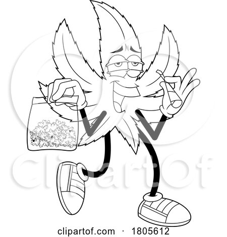 Cartoon Black and White Pot Leaf Mascot Carrying a Bag and Smoking a Doobie by Hit Toon