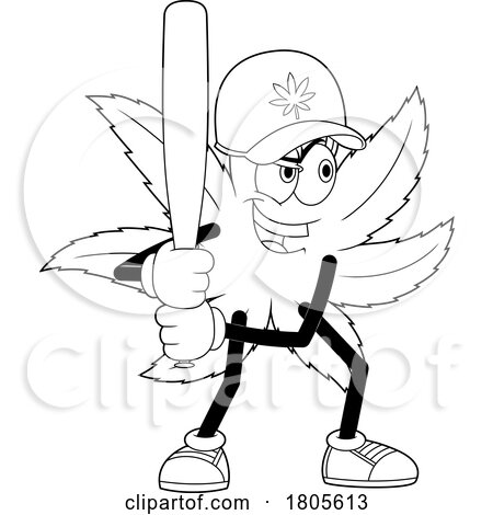 Cartoon Black and White Pot Leaf Mascot Batting by Hit Toon