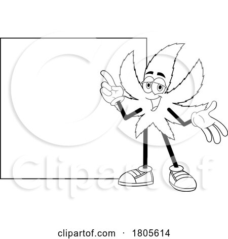 Cartoon Black and White Pot Leaf Mascot with a Blank Sign by Hit Toon