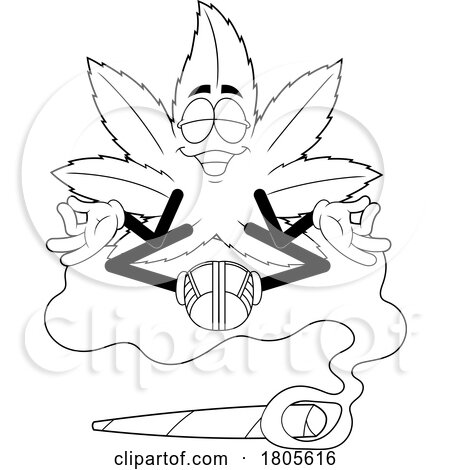 Cartoon Black and White Pot Leaf Mascot Floating on Smoke over a Doobie by Hit Toon