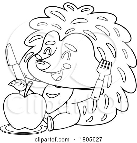 Cartoon Black and White Hedgehog Ready to Eat an Apple by Hit Toon