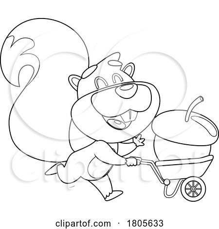 Cartoon Black and White Squirrel with a Giant Acorn in a Wheelbarrow by Hit Toon