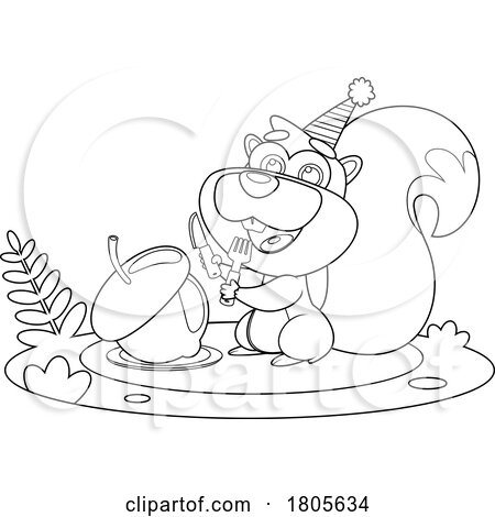 Cartoon Black and White Birthday Squirrel Ready to Eat an Acorn by Hit Toon