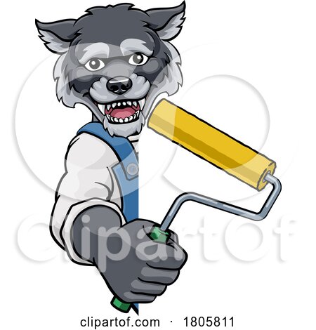 Wolf Painter Decorator Paint Roller Mascot Man by AtStockIllustration