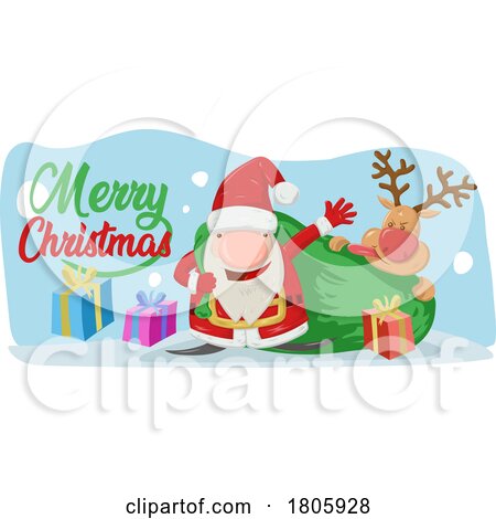 Cartoon Gnome Christmas Santa Claus and Reindeer with Merry Christmas Greeting by Domenico Condello