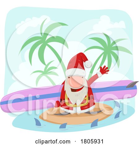 Cartoon Gnome Christmas Santa Claus Surfer on an Island Surrounded by Sharks by Domenico Condello