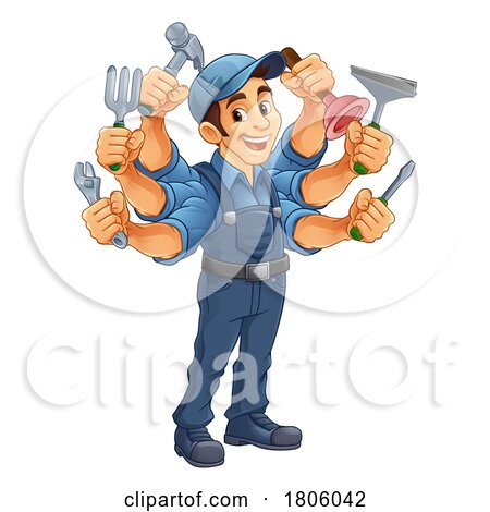 Handyman Cartoon Handy Man Caretaker Multitasking by AtStockIllustration