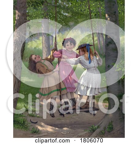 Trio of Girls Playing on a Swing in the Wood by JVPD