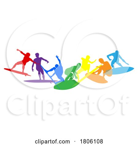 Surfers Surfing on Surf Boards Silhouettes Concept by AtStockIllustration