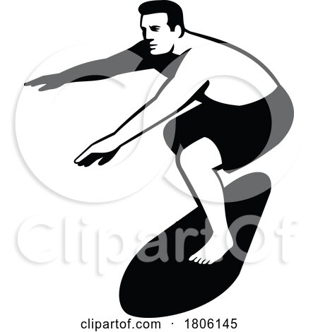 Male Surfer on Surf Board Surfing Front View Retro by patrimonio