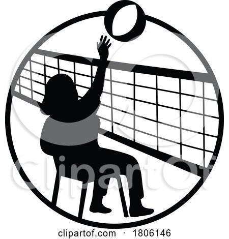 Female Senior Chair Volleyball Player Spiking Ball over Net Circle Mascot by patrimonio
