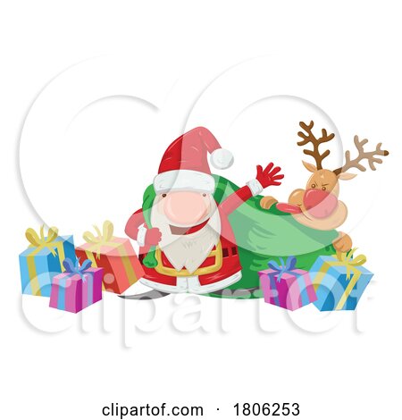 Cartoon Gnome Christmas Santa Claus with Rudolph and Gifts by Domenico Condello