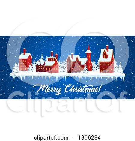 Merry Christmas Greeting with a Snowy Village by Vector Tradition SM
