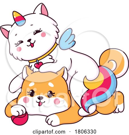 Unicorn Cat and Shiba Inu Dog Playing by Vector Tradition SM