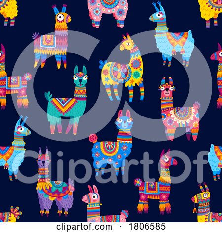 Pattern of Colorful Llamas or Alpacas on Blue by Vector Tradition SM