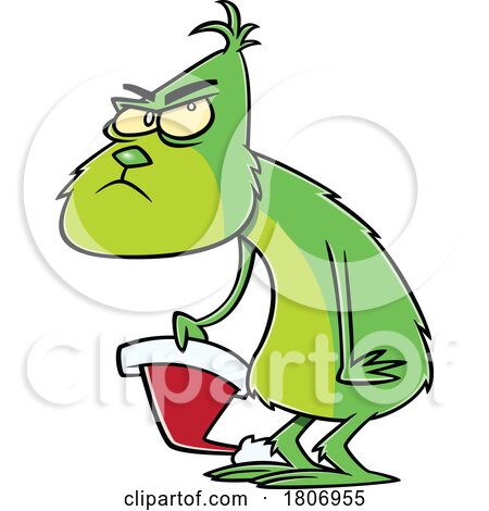 Licensed Clipart Cartoon of a Grinch Carrying a Santa Hat by toonaday