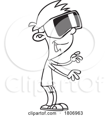 Black and White Clipart Cartoon Boy or Man Using Virtual Reality VR Headset Goggles by toonaday