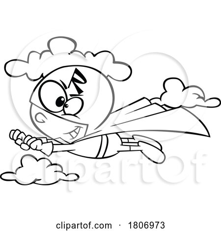 Black and White Clipart Cartoon Flying Letter R Super Hero by toonaday